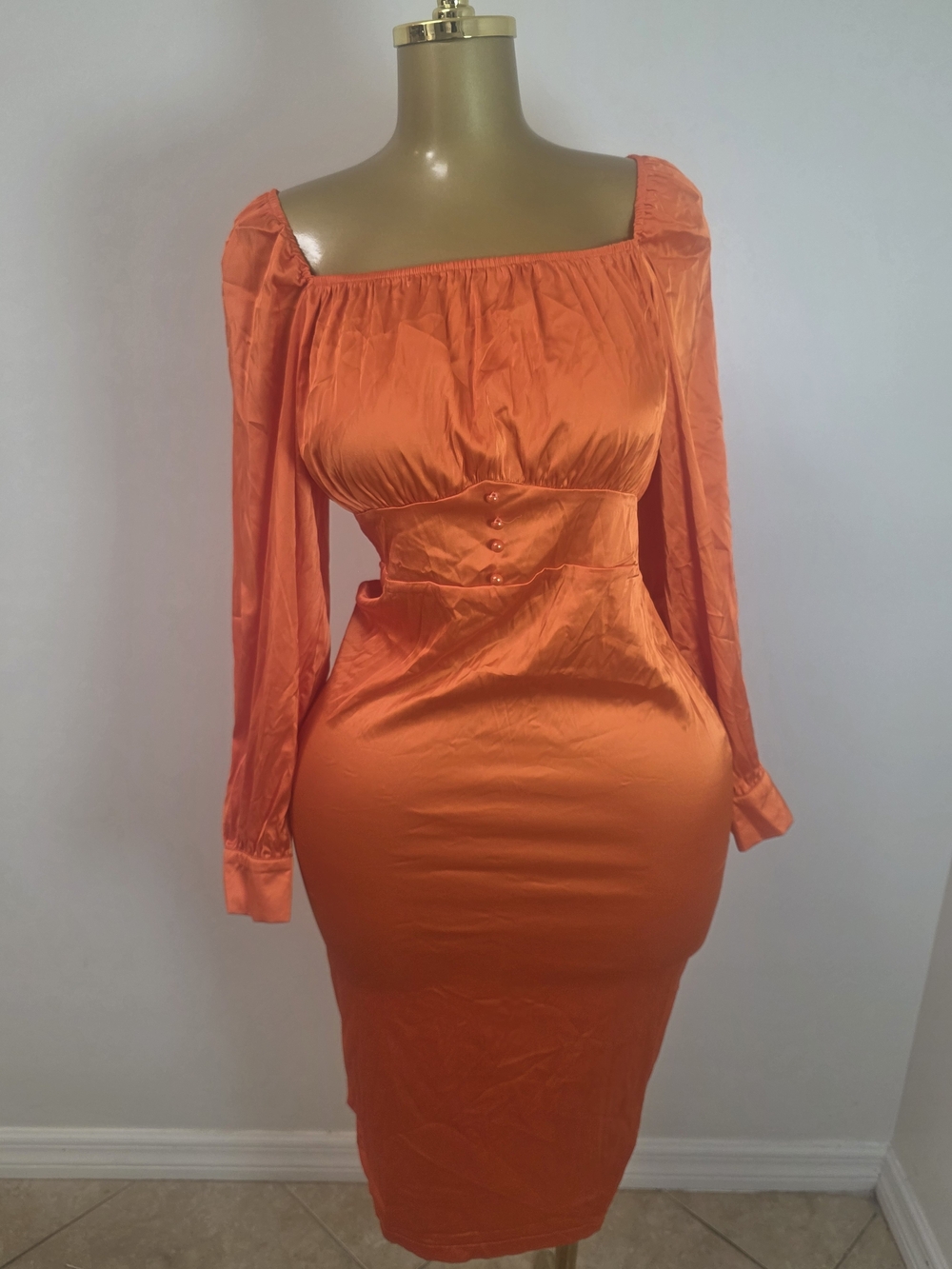 Orange Long-Sleeve Square-Neck Bodycon Dress